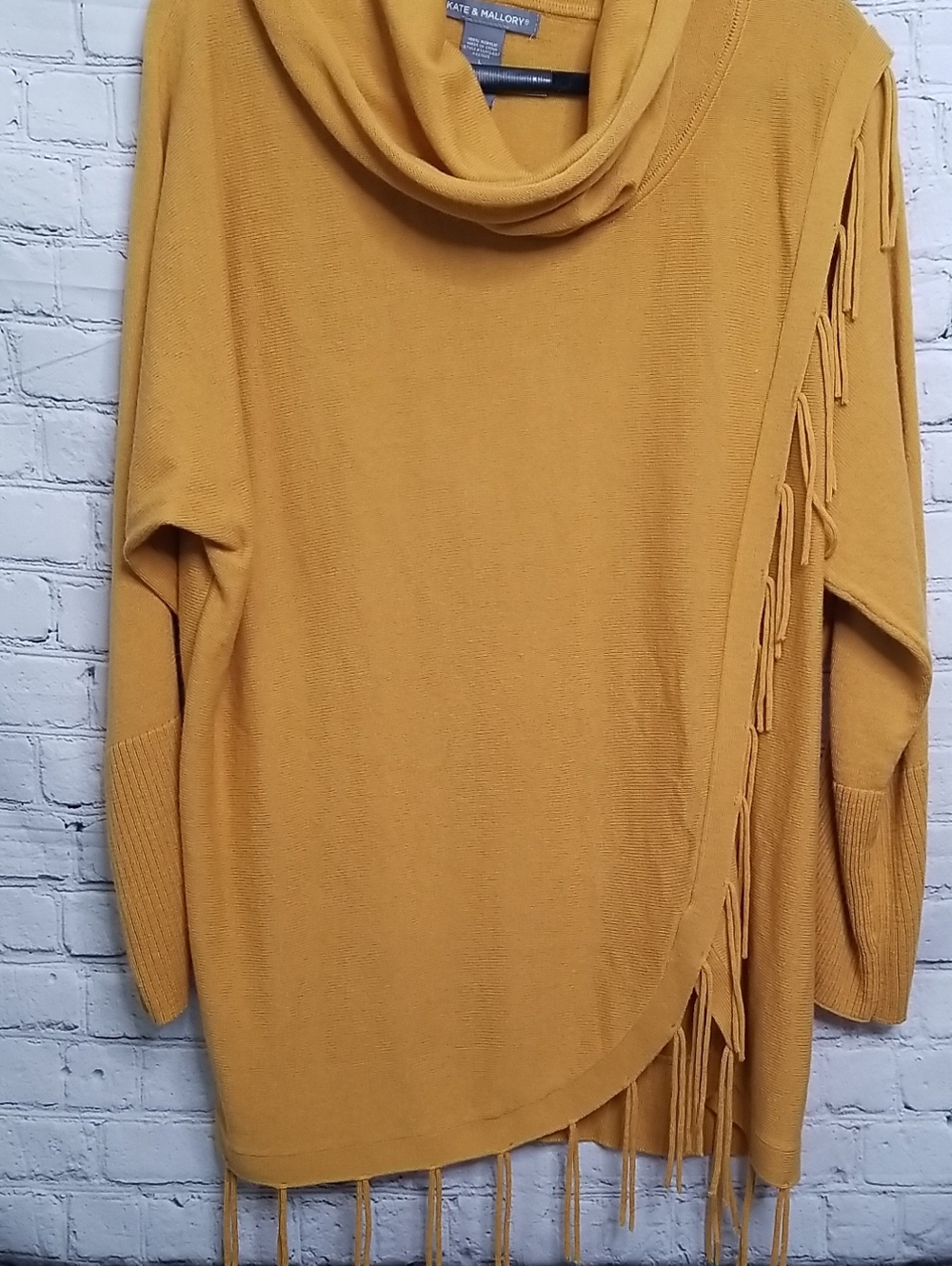 Kate & Mallory womens Cowl Neck sweater fringe on left side Marigold EUC